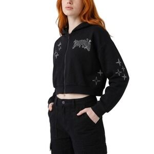 Supply & Demand Kella Boxy Full Zip Hoodie Black Rhinestone Star Cropped S‎ NEW